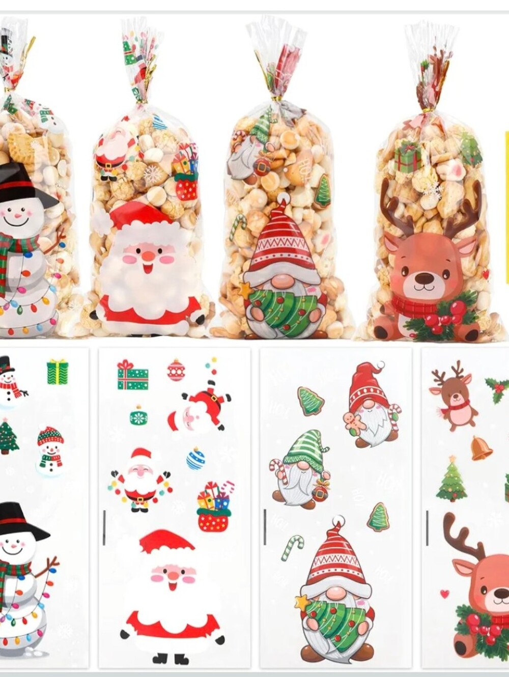 Festive Holiday Treat Bags - Santa, Snowman, Gnome & Reindeer Designs (100pcs)